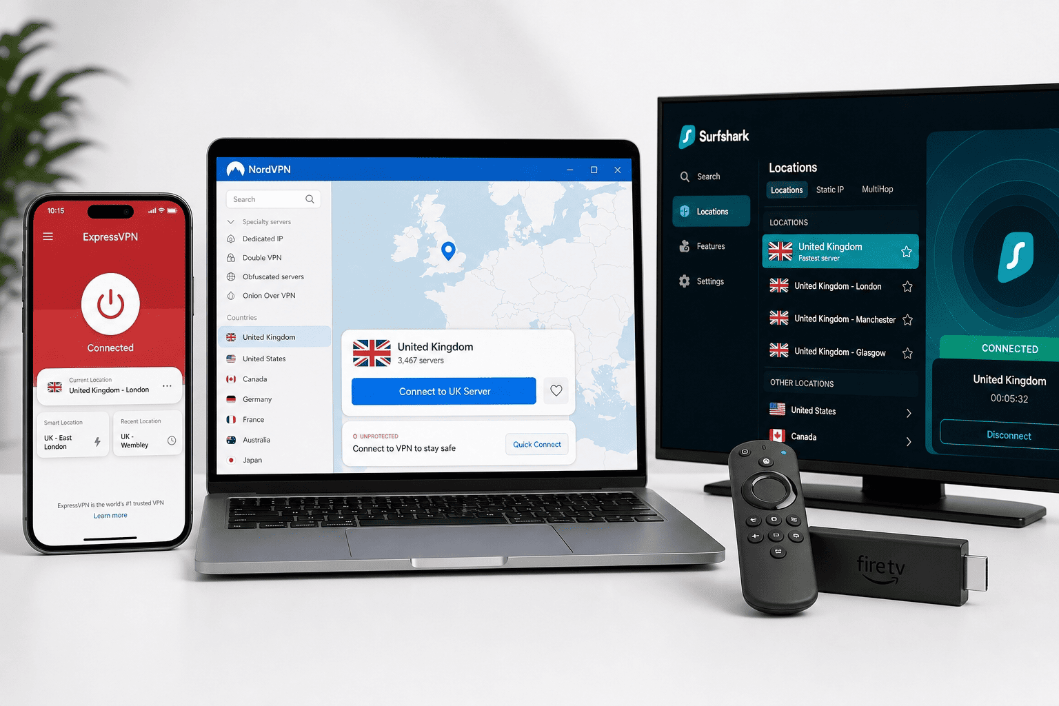 Mockup showing NordVPN, ExpressVPN, and Surfshark apps on a laptop, iPhone, and Fire TV Stick with UK server selection visible