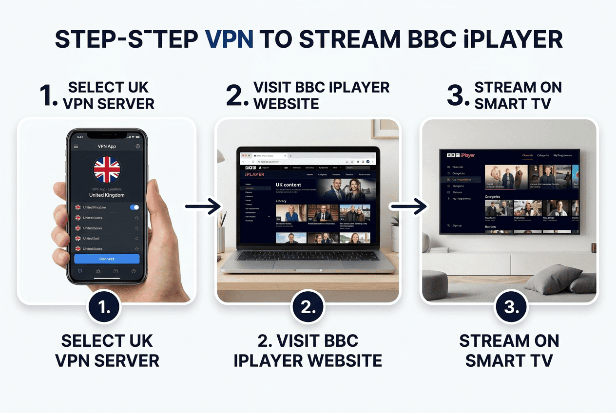 Step-by-step visual showing a user selecting a UK server in a VPN app, then opening BBC iPlayer on a laptop and a smart TV