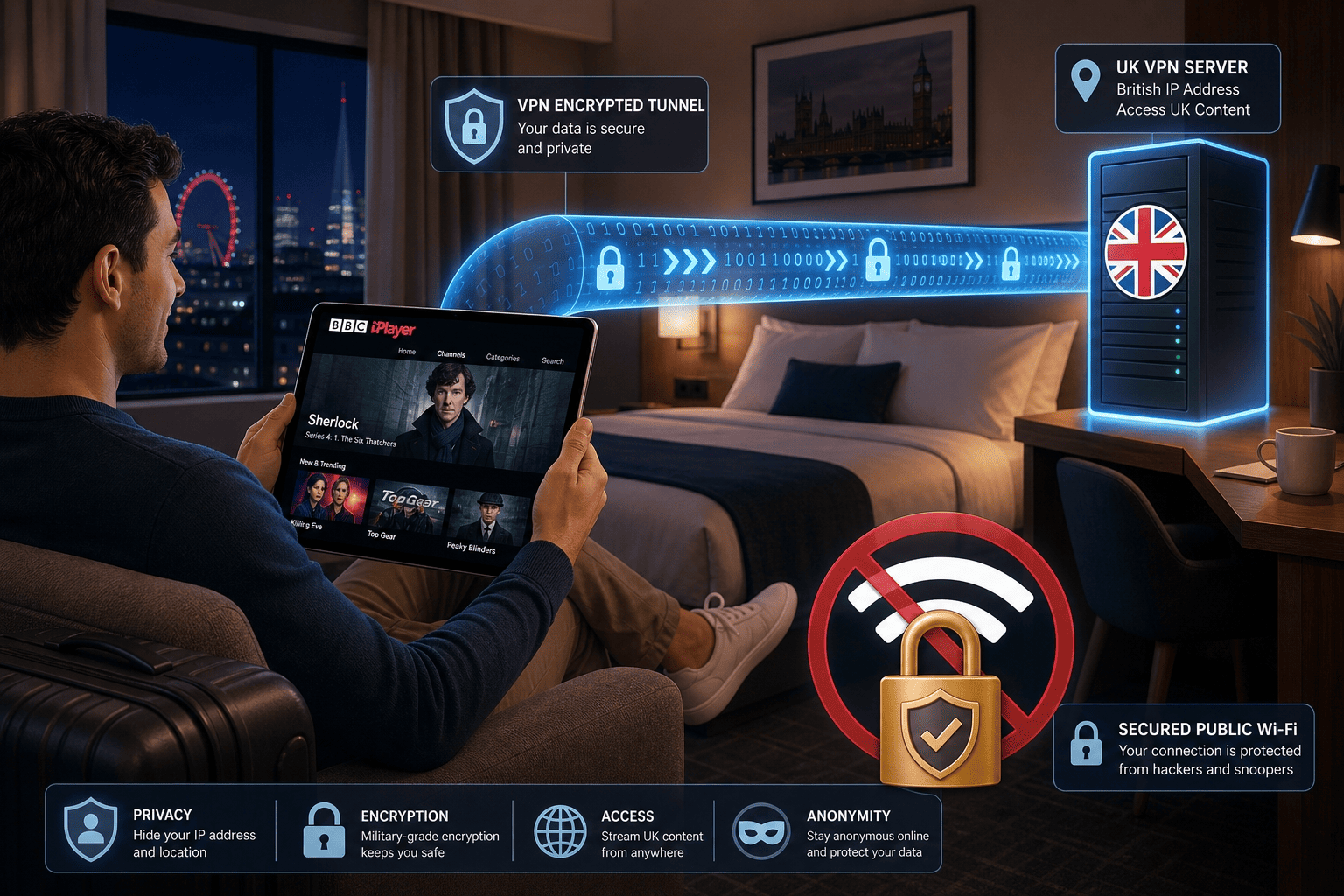 Illustration of a traveler in a hotel room streaming BBC iPlayer on a tablet through a VPN tunnel to a UK server, with a lock icon over public Wi-Fi