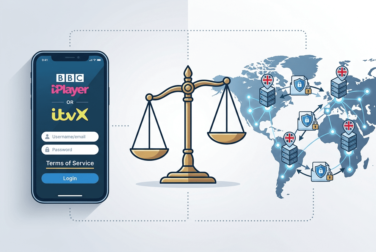 Concept illustration of a UK TV app login screen beside a legal scale icon and a VPN server map, emphasizing service rules versus VPN use