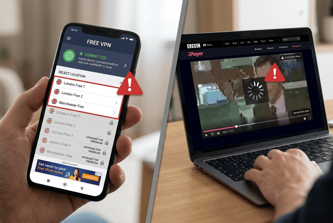Split-screen image showing a free VPN app with a tiny UK server list and buffering BBC iPlayer playback on a laptop
