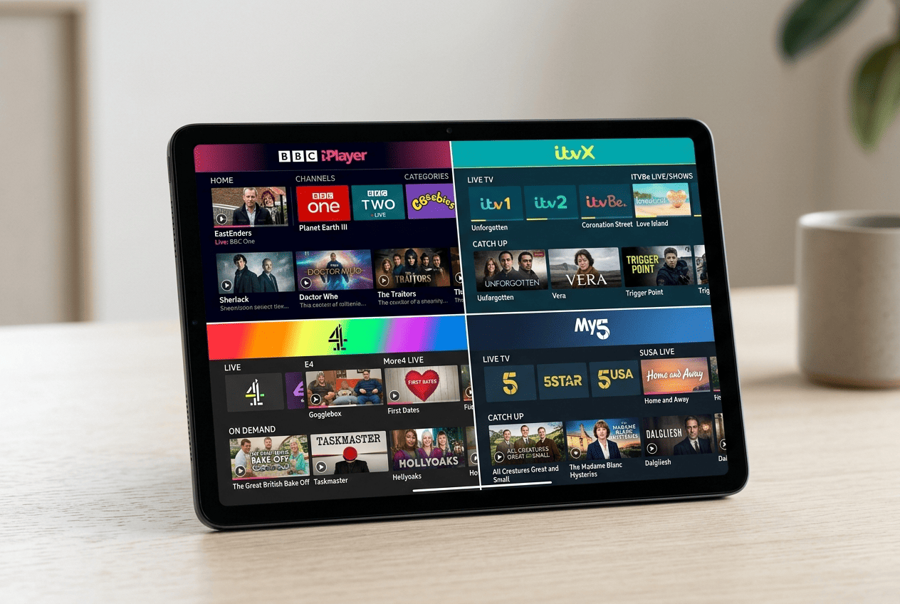 Collage of BBC iPlayer, ITVX, Channel 4, and Channel 5 app screens on a tablet, with UK live-channel and catch-up categories