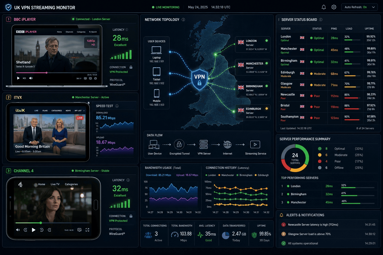 Testing dashboard showing BBC iPlayer, ITVX, and Channel 4 on multiple devices with VPN latency and server-status indicators