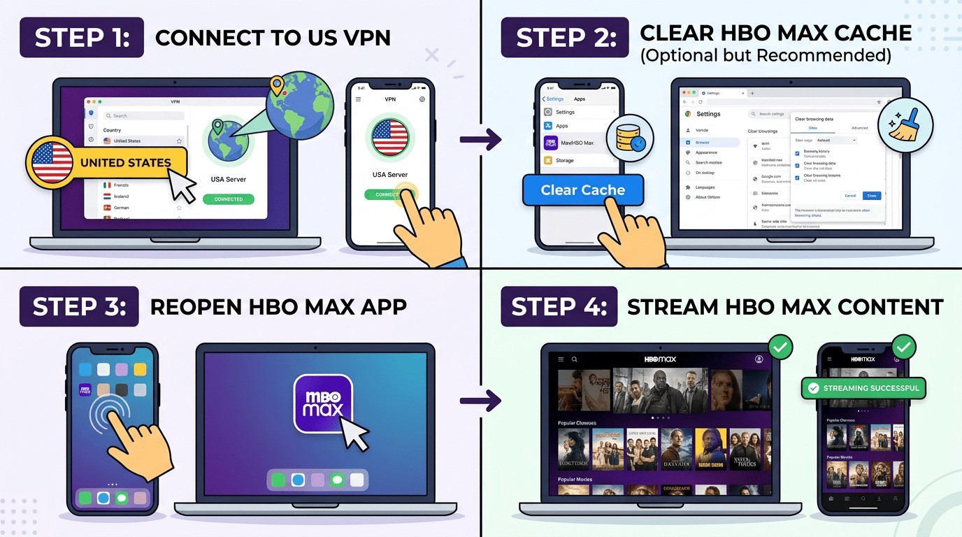 Step-by-step illustration of a user connecting to a US VPN server, clearing Max app cache, and reopening HBO Max on a laptop and phone