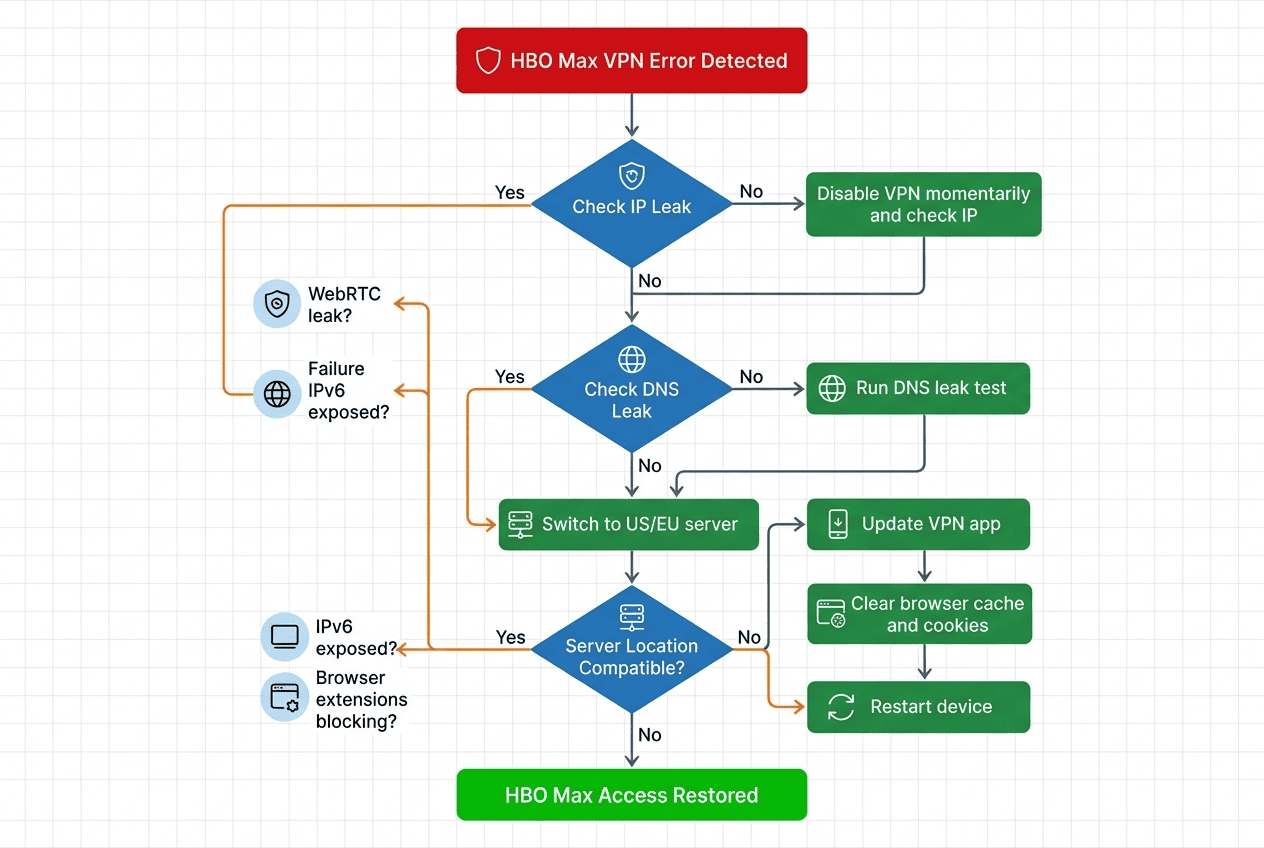 Troubleshooting flowchart for HBO Max VPN errors showing checks for IP leaks, DNS leaks, server switching, app updates, and browser cache