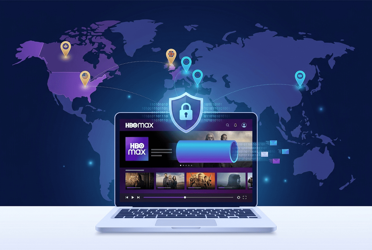 Legal concept illustration showing a laptop with HBO Max, a VPN tunnel icon, and a map highlighting US, UK, Canada, and EU regions