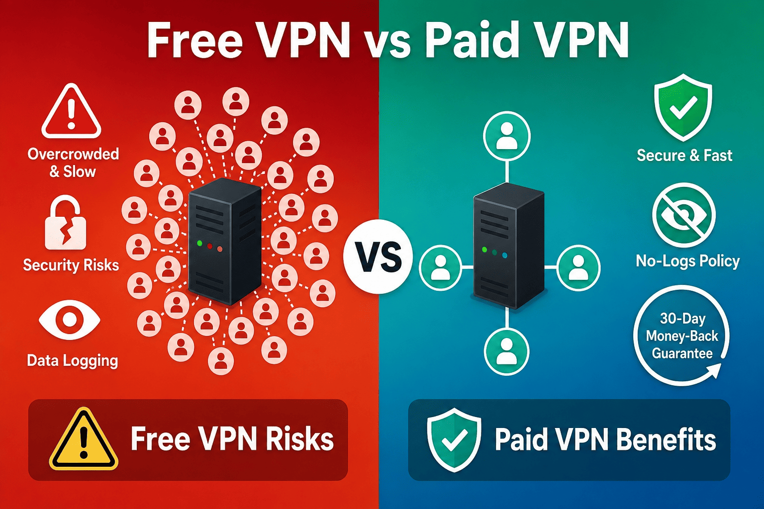 Warning-style comparison showing a crowded free VPN server on one side and a paid VPN app with a money-back guarantee on the other