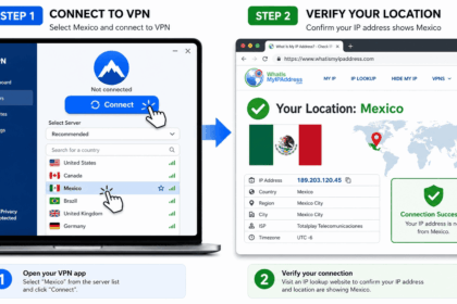 Step-by-step illustration showing a VPN app connecting to Mexico, then an IP lookup page confirming a Mexico location