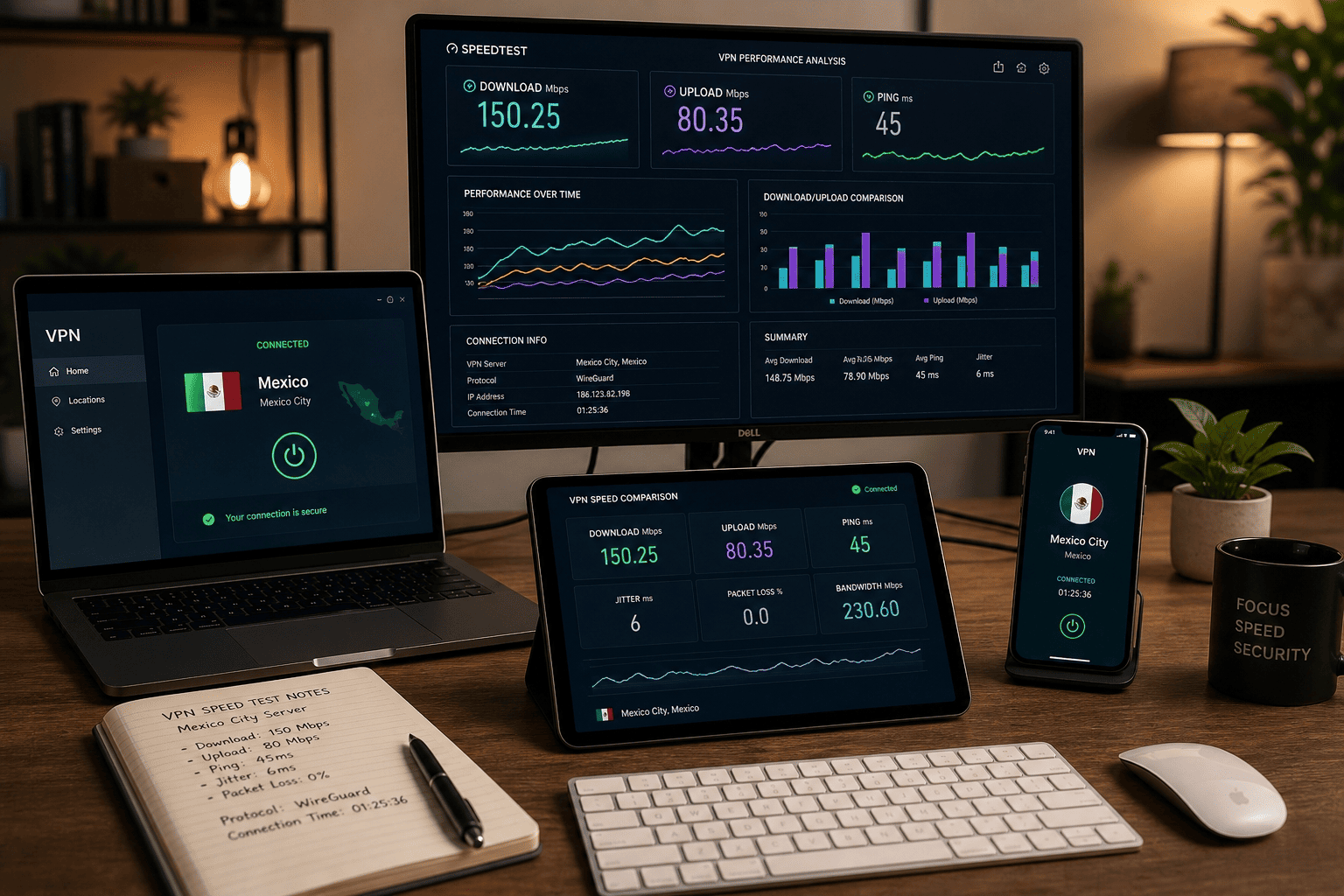 Testing workstation with VPN apps open, speed charts, and Mexico server connection results on multiple devices