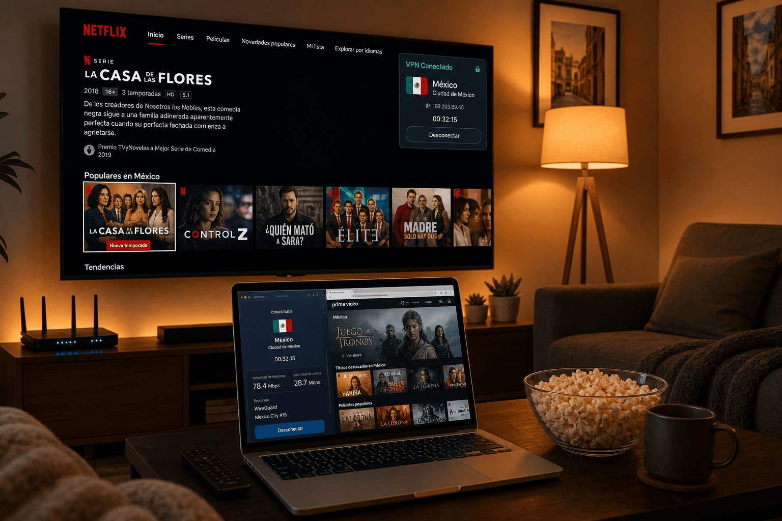 Living-room streaming setup with a laptop and TV showing a VPN-connected Mexico server used for Netflix and Amazon Prime Video