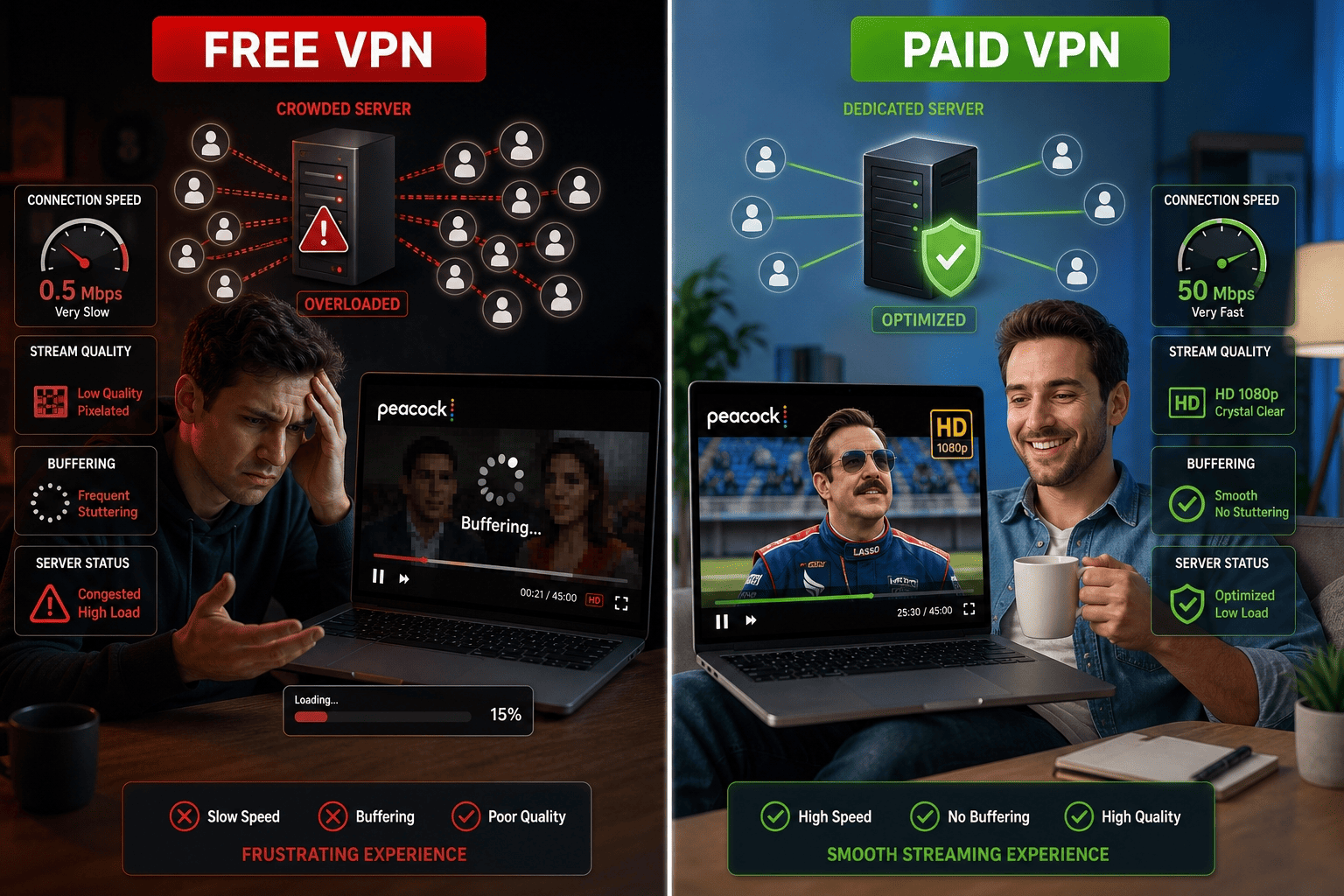 Split-screen image showing a crowded free VPN server with buffering Peacock video versus a paid VPN with smooth HD playback