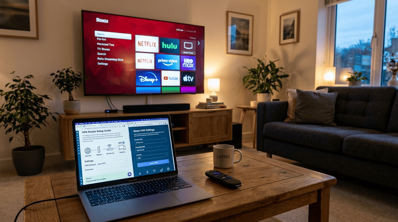 Roku streaming device connected to a home TV with a laptop showing VPN router setup instructions and Smart DNS settings on screen
