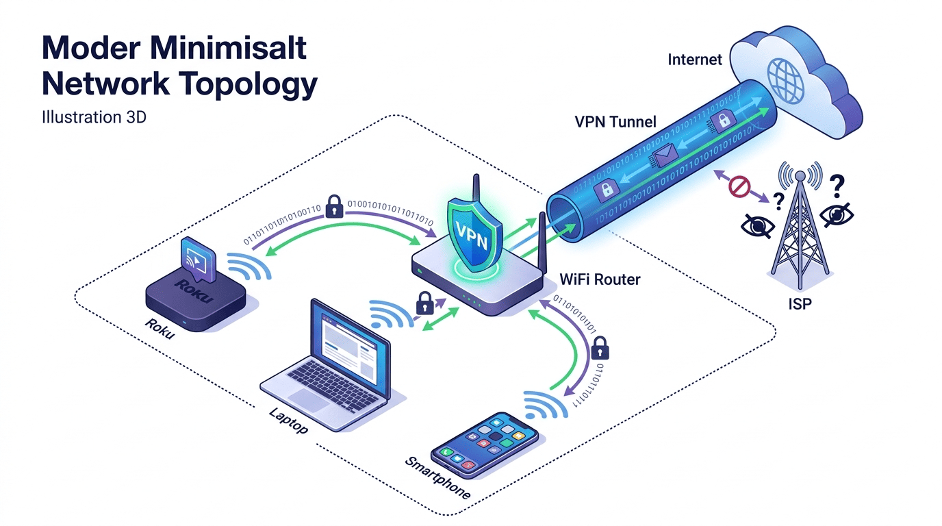 Home network diagram showing a VPN on the router encrypting Roku, laptop, and phone traffic through one household connection