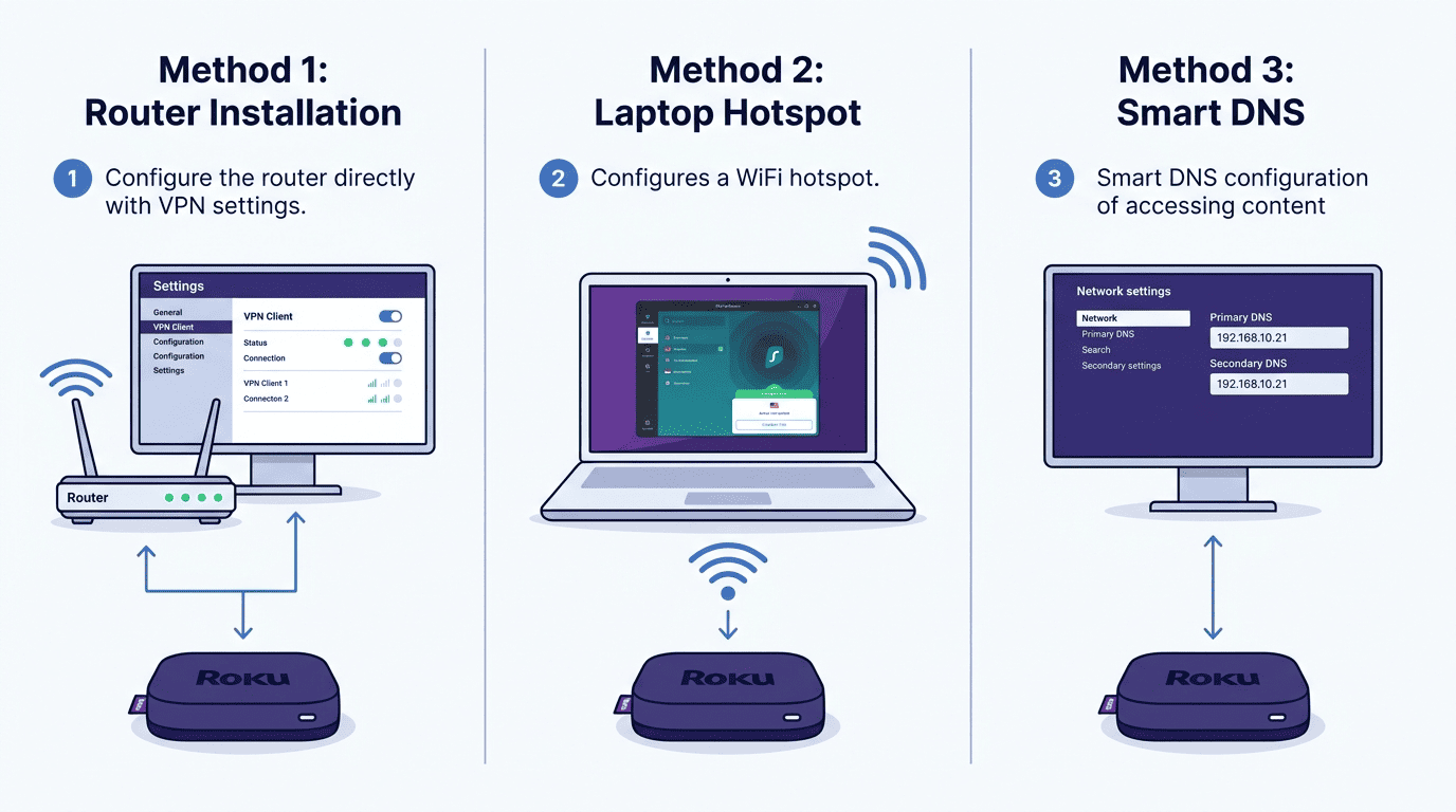 Step-by-step Roku VPN setup illustration showing router installation, a laptop hotspot, and Smart DNS as three separate connection methods