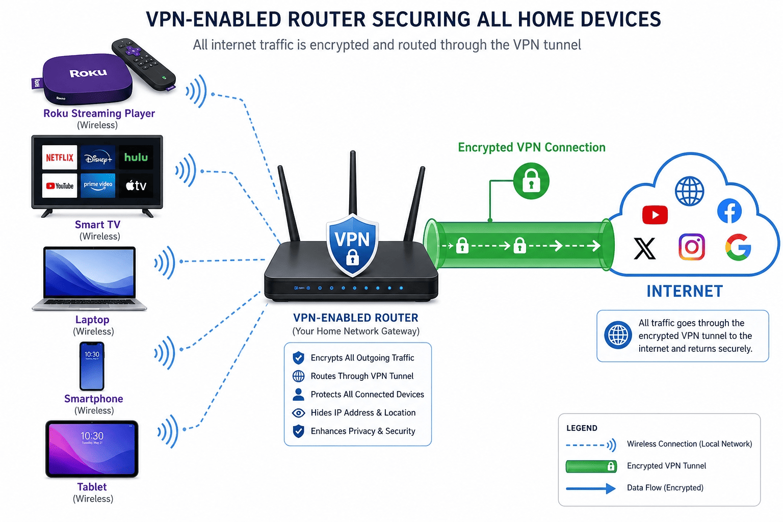 Diagram of a VPN-enabled router routing traffic from multiple home devices, including a Roku streaming player, through one encrypted connection
