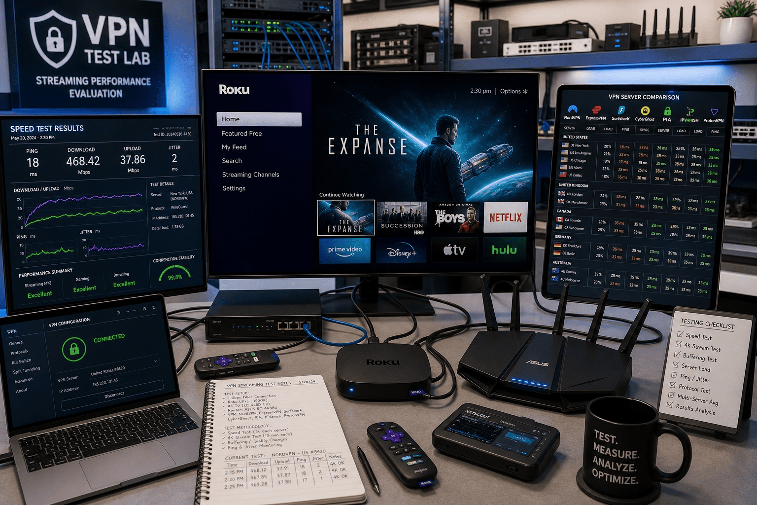 Testing lab setup with Roku streaming playback, speed test results on a monitor, and VPN server location lists used for Roku comparisons