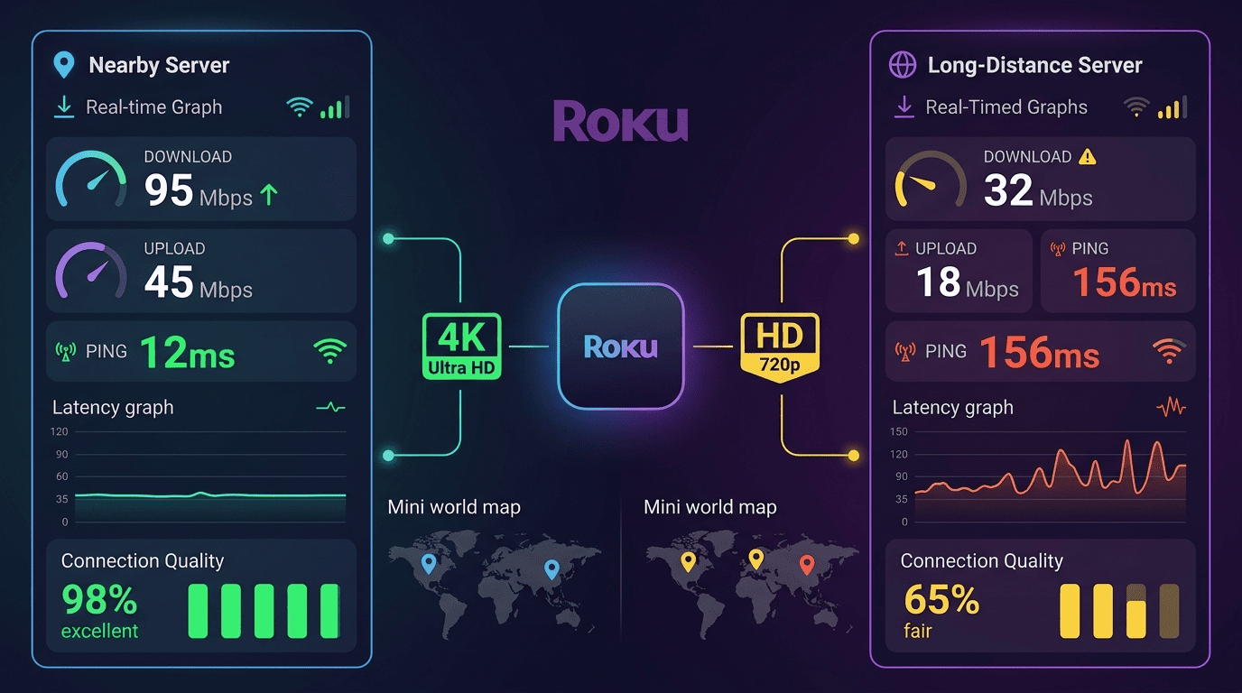 Side-by-side speed test dashboard showing nearby and long-distance VPN server performance for Roku streaming
