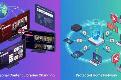 Split-screen illustration showing Roku streaming libraries changing by region on one side and a protected home network on the other