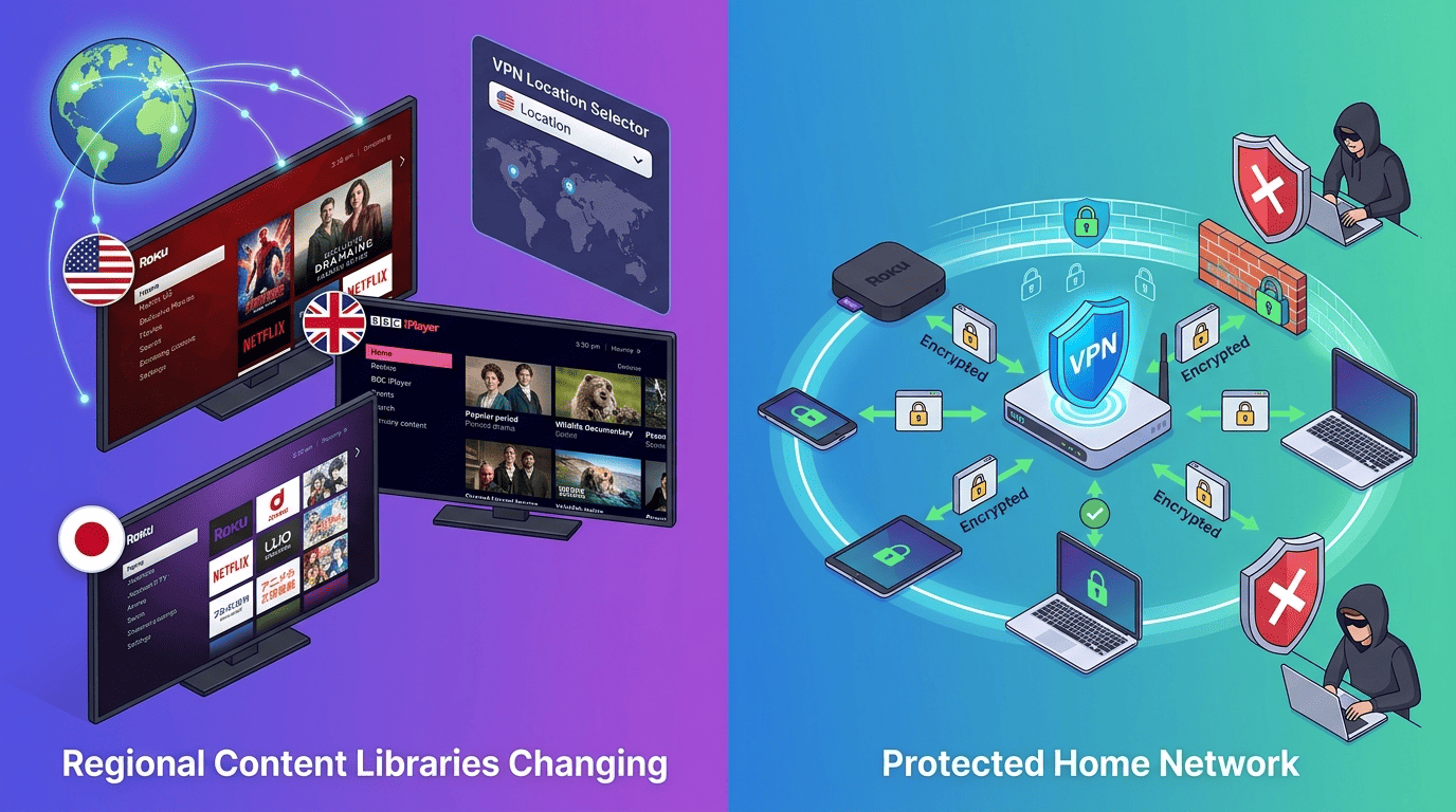 Split-screen illustration showing Roku streaming libraries changing by region on one side and a protected home network on the other