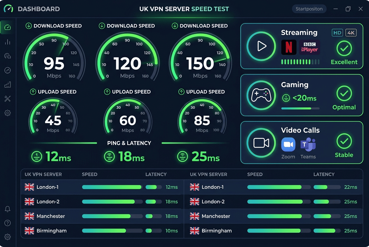 Speed test dashboard comparing UK VPN servers with fast download results and low-latency indicators for streaming, gaming, and video calls