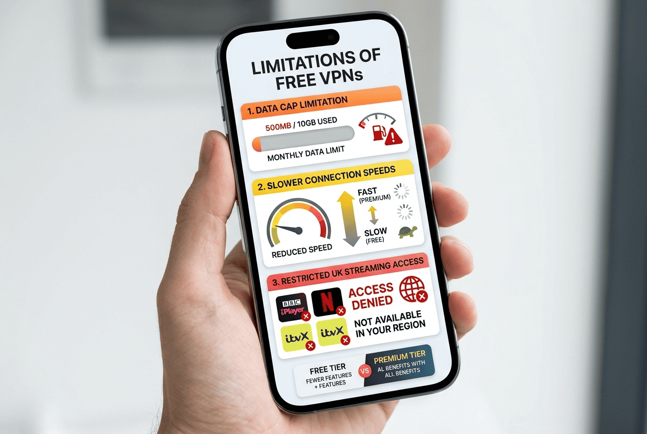 Free VPN limitation graphic showing data caps, slower speeds, and restricted UK streaming access on a mobile phone
