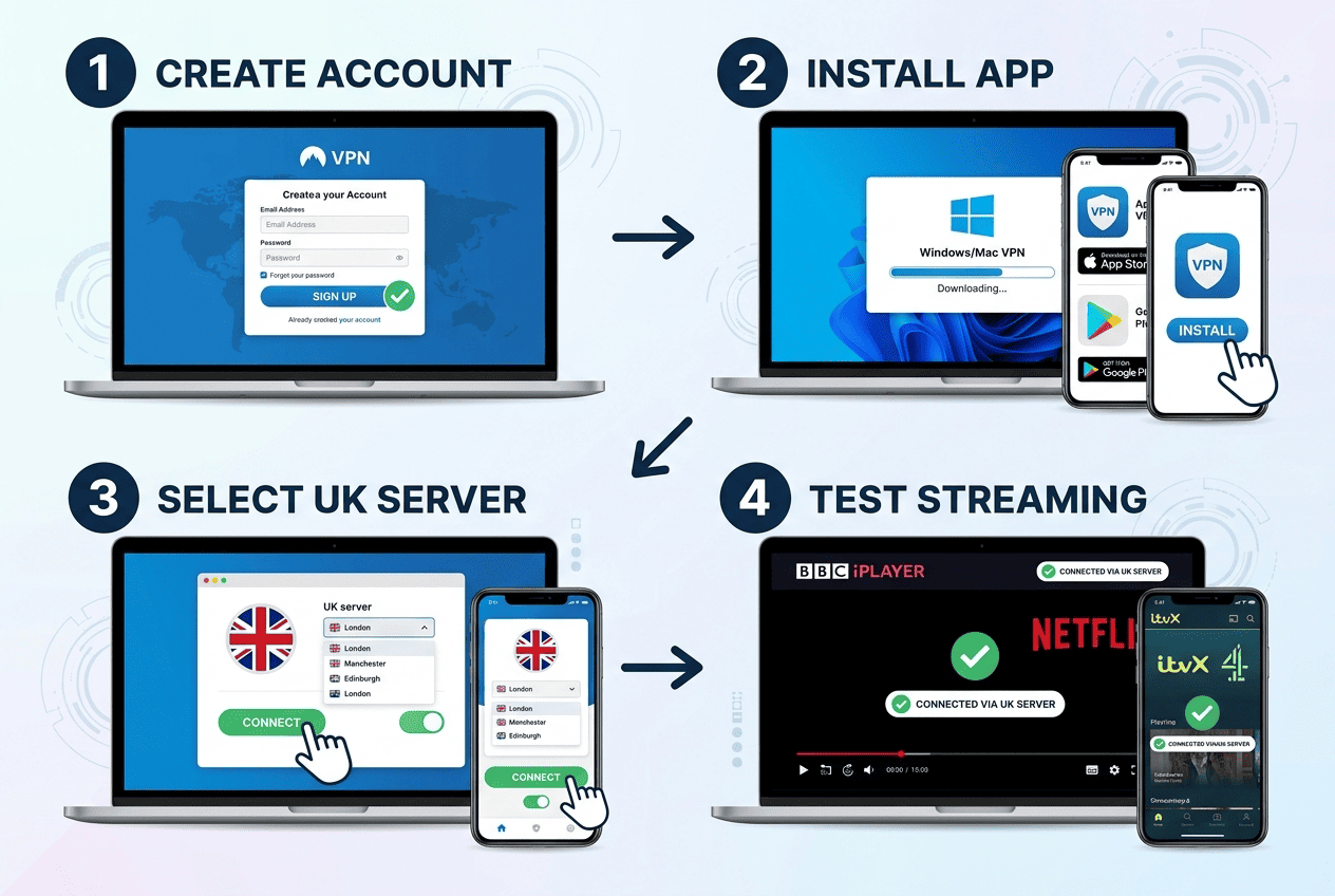 Step-by-step visual showing account creation, app installation, UK server selection, and streaming test on a laptop and phone