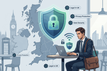 UK legal-context illustration with a VPN shield over a map of the United Kingdom and a travel user on public Wi‑Fi