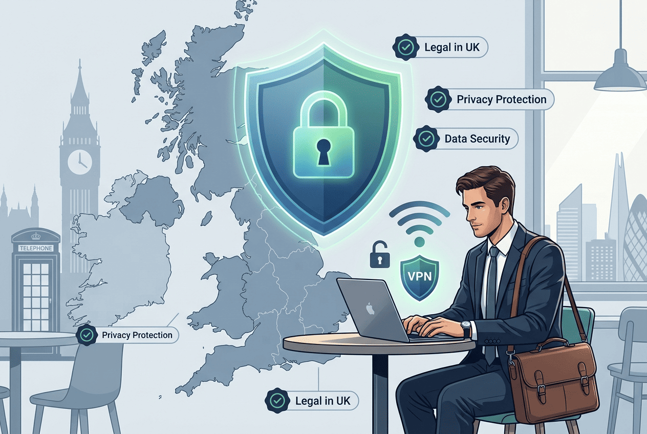 UK legal-context illustration with a VPN shield over a map of the United Kingdom and a travel user on public Wi‑Fi