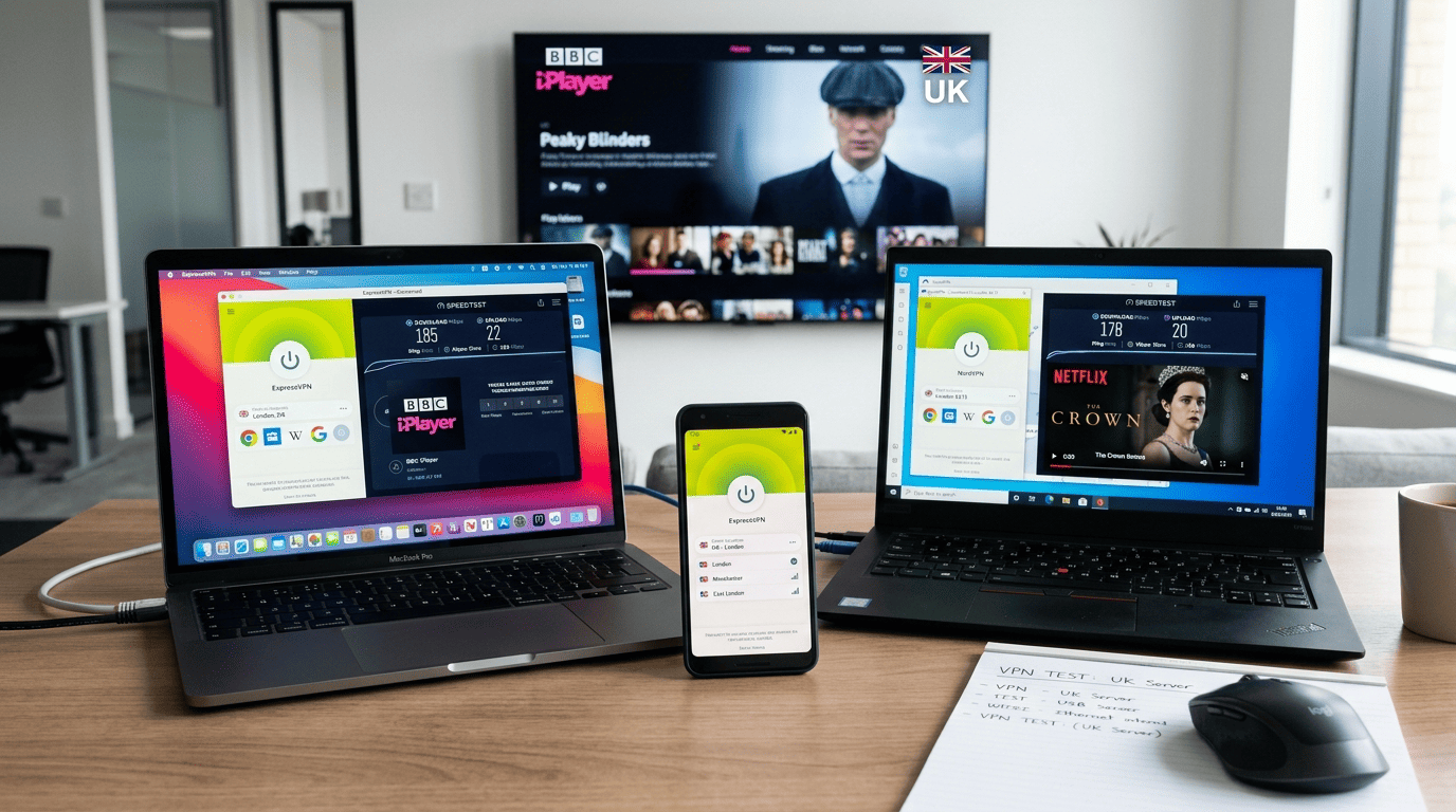 Editorial testing setup with laptops, a phone, and a TV device all connected through UK VPN servers while checking streaming and speed performance