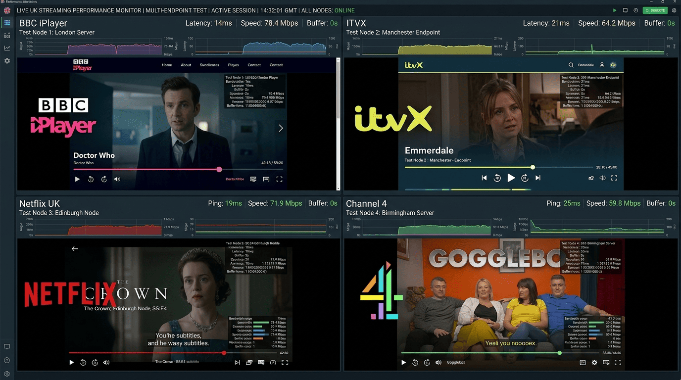 Side-by-side screen showing BBC iPlayer, ITVX, Netflix UK, and Channel 4 playback tests running through different UK server endpoints