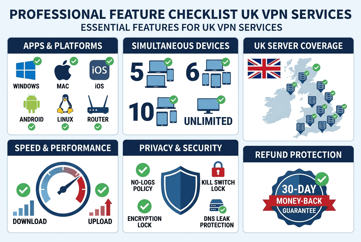 Feature checklist graphic for UK VPNs covering apps, simultaneous devices, UK server coverage, speed, privacy, and refund protection