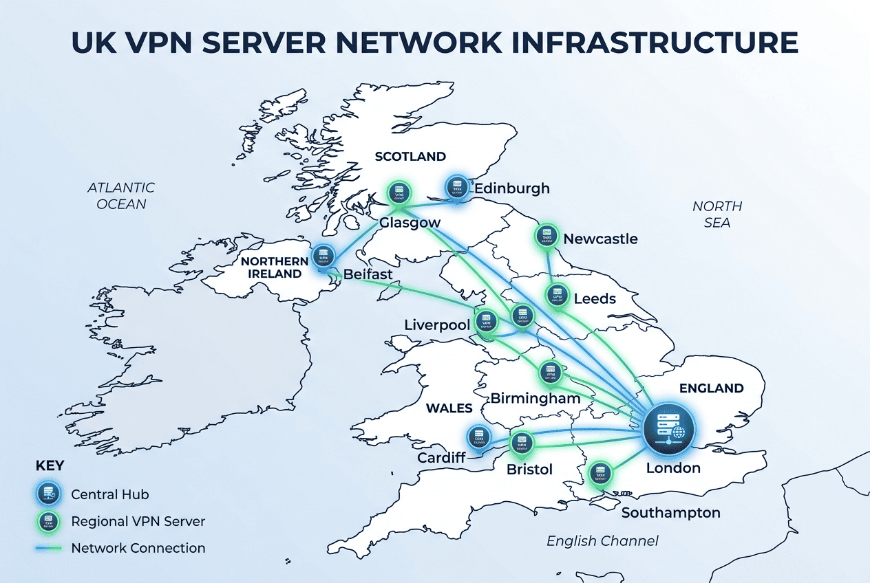 Map of the UK showing multiple VPN server locations centered on London with regional endpoint markers across the country