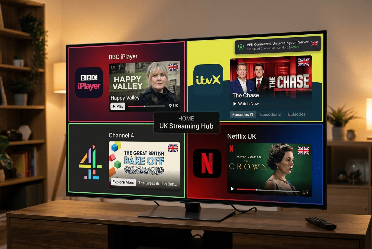 UK streaming collage showing BBC iPlayer, ITVX, Channel 4, and Netflix UK running through a VPN connection on a smart TV