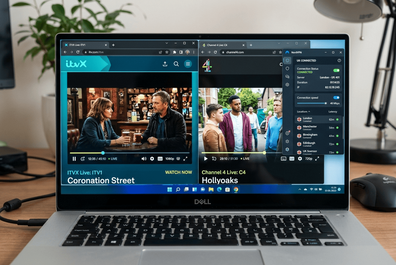 Laptop screen showing ITVX and Channel 4 playback tests with a UK VPN server selection panel open beside the video player