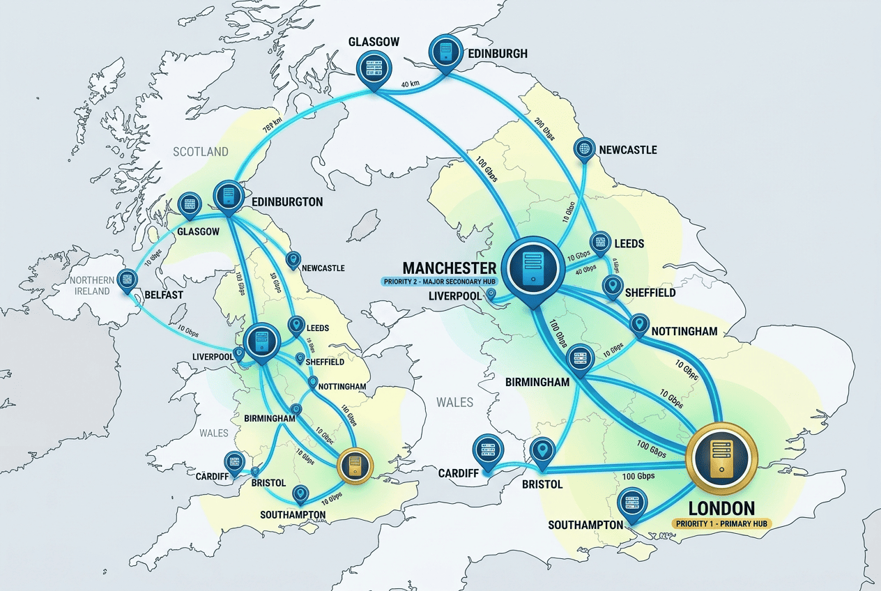 Detailed UK server map with London, Manchester, and other regional VPN endpoint markers connected by routing lines