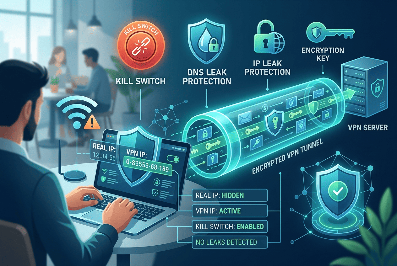 Security-focused illustration of a VPN tunnel masking a user’s IP address on public Wi‑Fi, with kill switch and leak protection icons