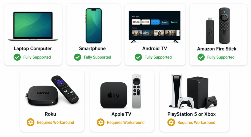 Which devices support a VPN natively and which need a workaround