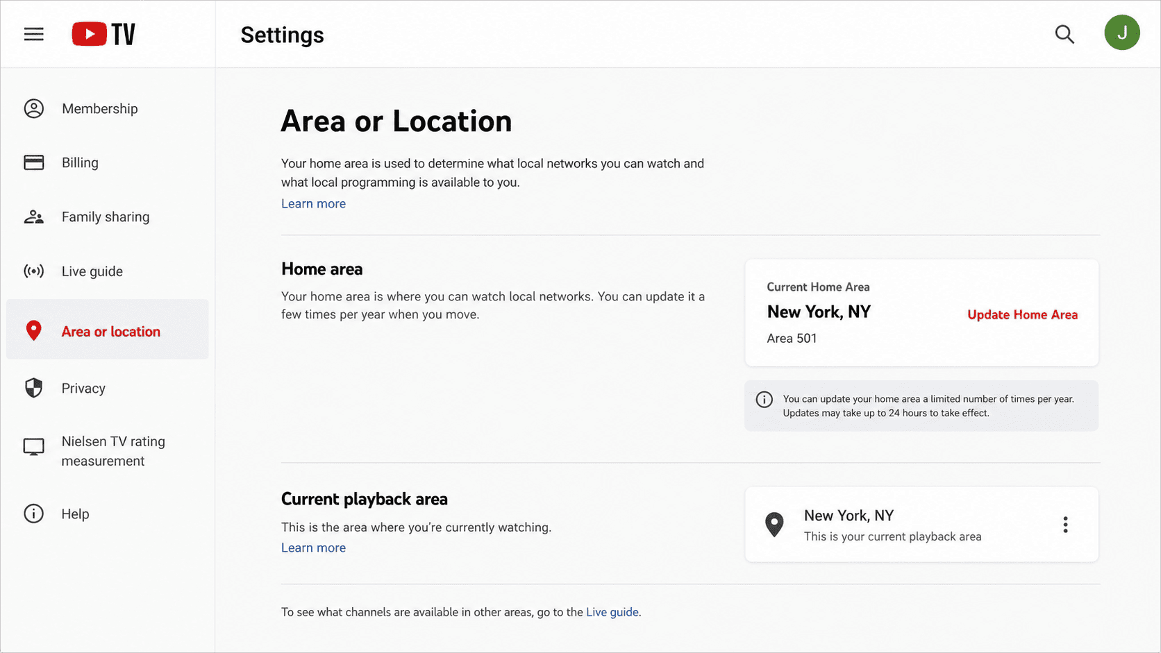 YouTube TV settings screen showing the Area or Location section used to update the Home Area