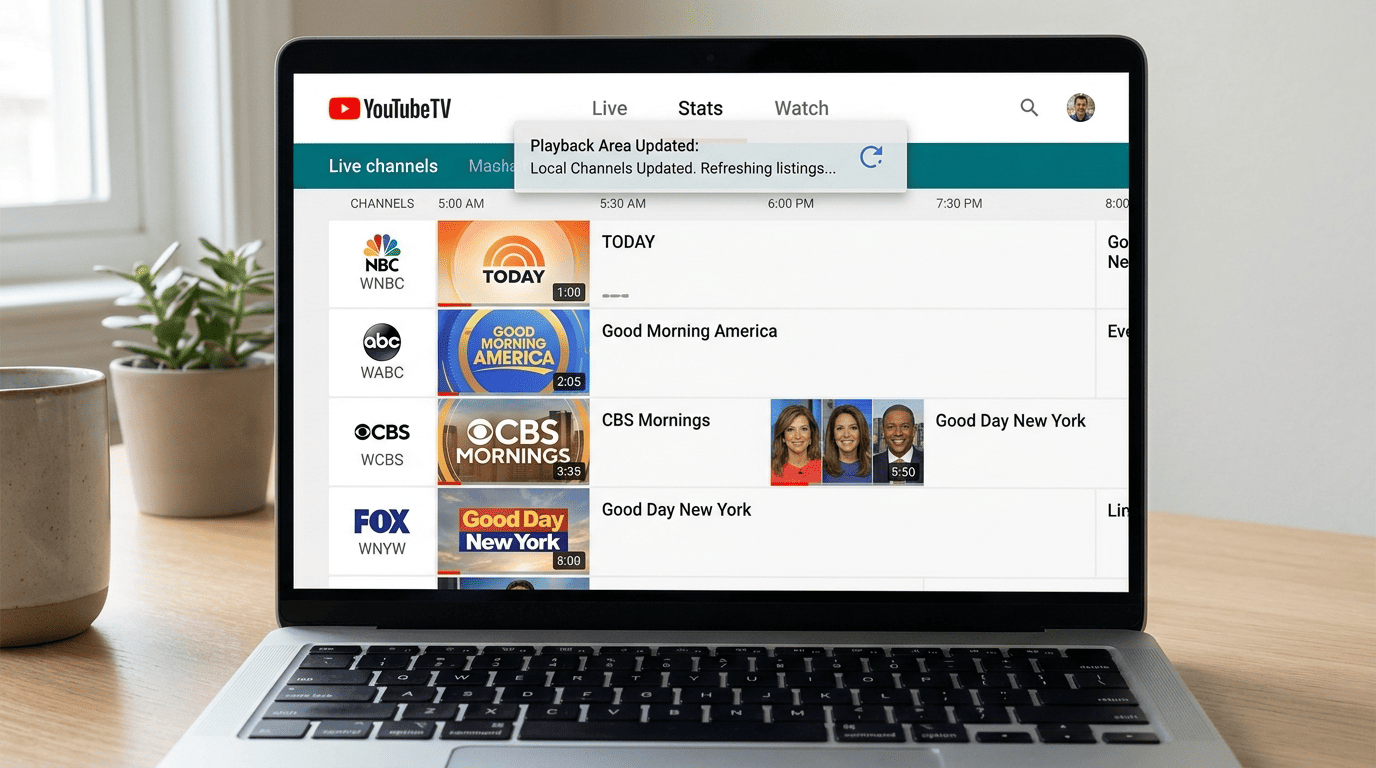 Step-by-step illustration of updating YouTube TV Home Area in a browser, then confirming the change on a TV app