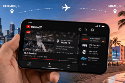 Mobile phone with YouTube TV app showing the current playback city while traveling from Chicago to Miami