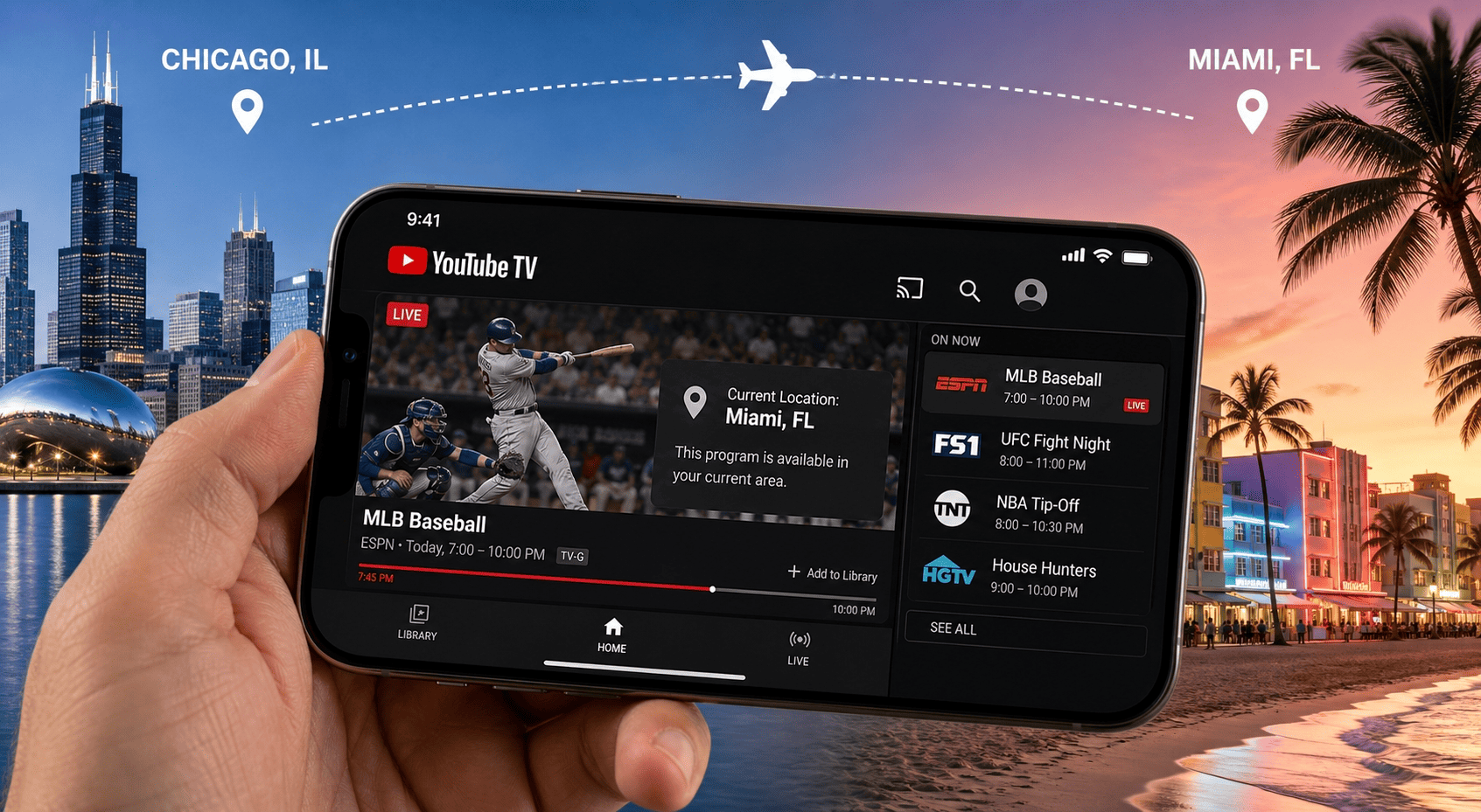 Mobile phone with YouTube TV app showing the current playback city while traveling from Chicago to Miami