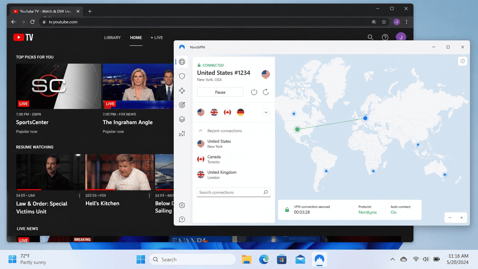 Split-screen showing YouTube TV playback area refresh on an iPhone and on a desktop browser