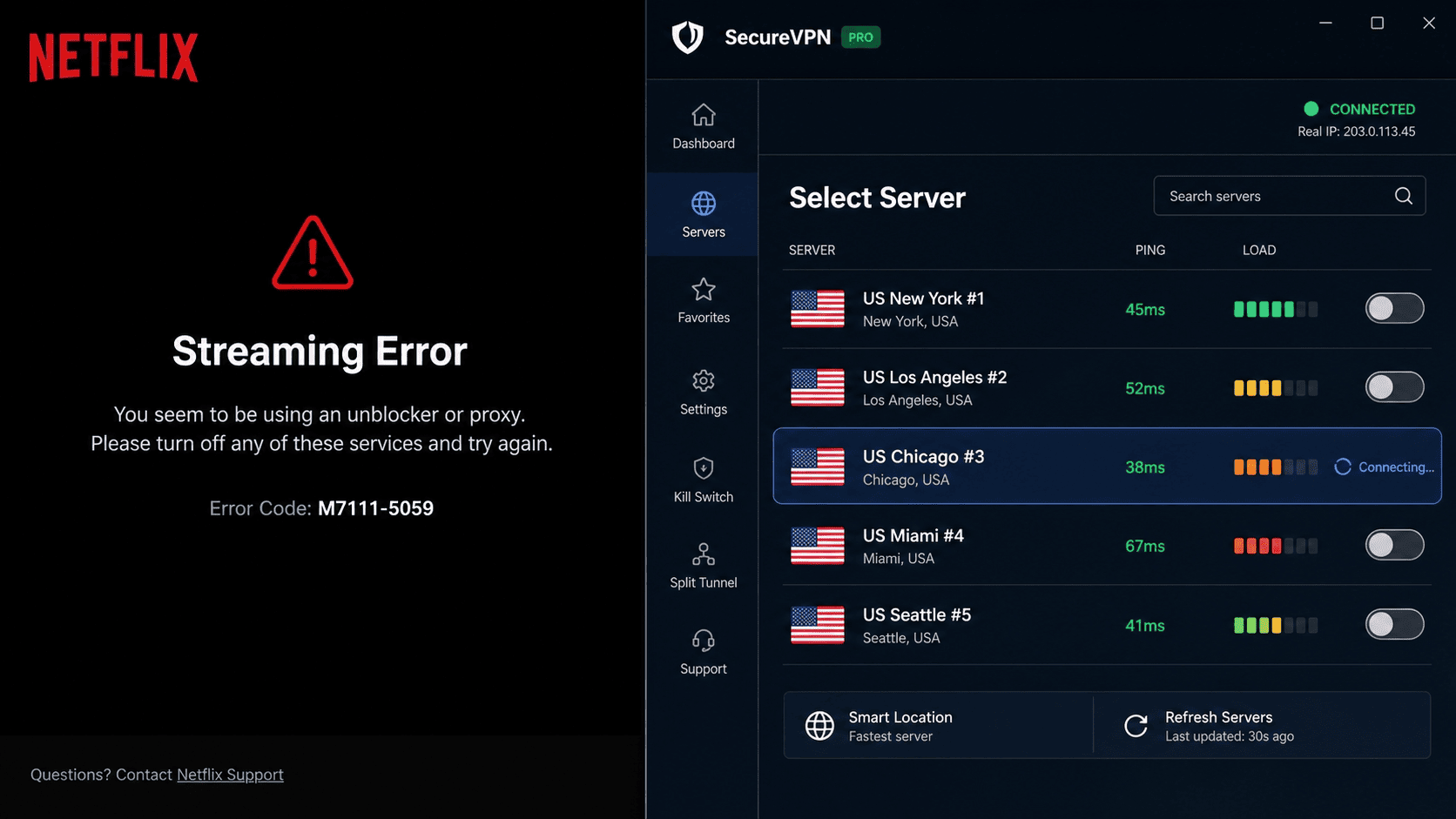 Screenshot-style mockup of a Netflix proxy error message alongside a VPN app server list switching between multiple US locations