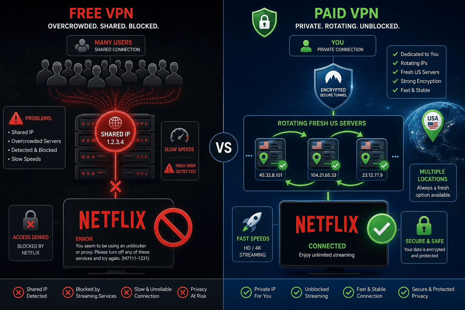 Illustration of a free VPN with crowded shared IP addresses being blocked by Netflix, contrasted with a paid VPN rotating fresh US servers