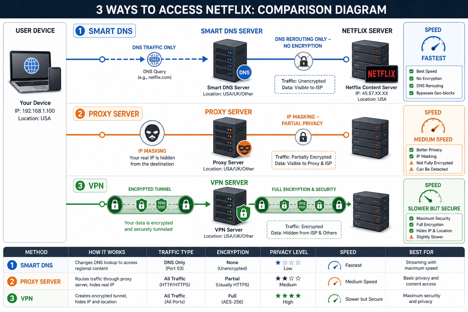 Network diagram comparing Smart DNS, proxy server, and VPN paths to Netflix, with the VPN path showing encryption and the Smart DNS path showing only DNS rerouting