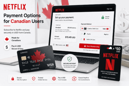 Canadian credit card and Netflix gift card payment mockup showing US dollar billing for a Netflix account