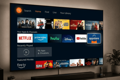 Fire TV Stick home screen showing the Amazon Appstore and Search option used to begin installing a VPN