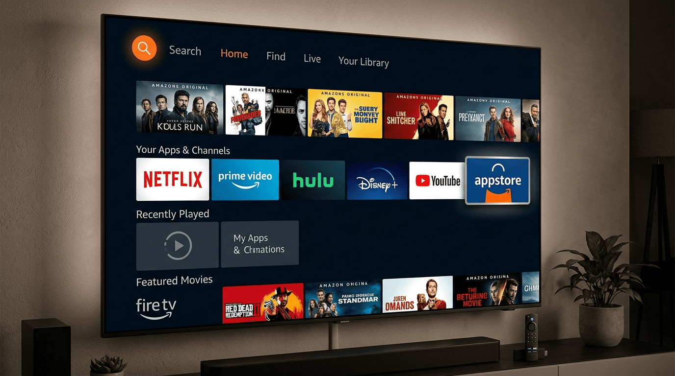 Fire TV Stick home screen showing the Amazon Appstore and Search option used to begin installing a VPN