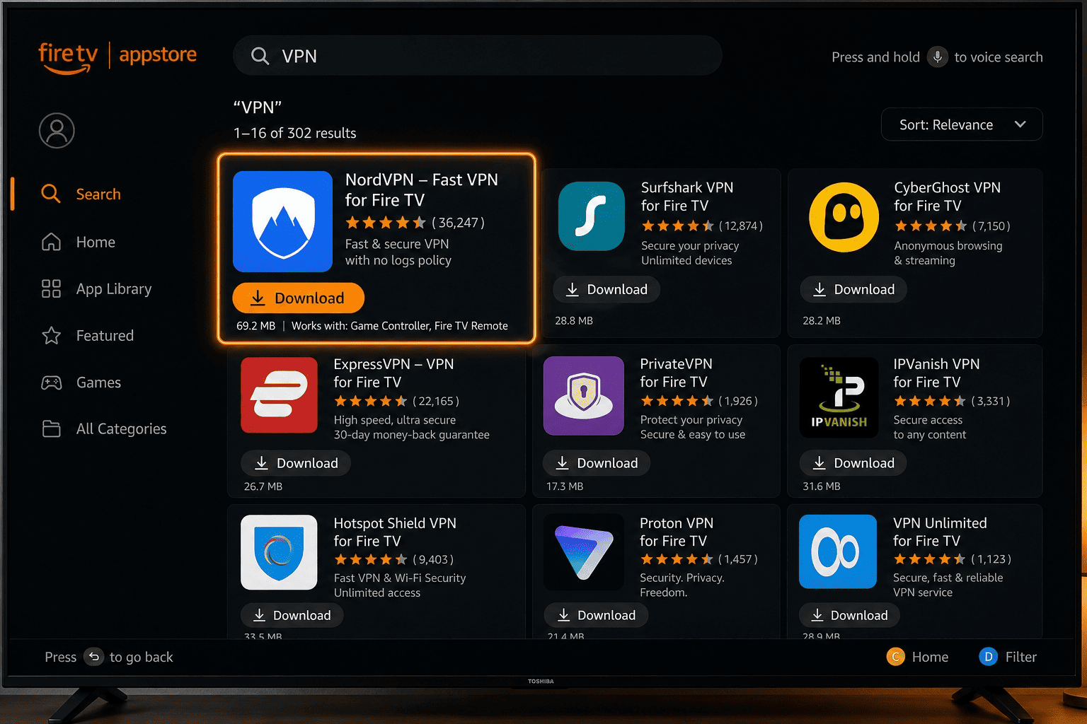Fire TV Appstore search results for a VPN provider, with the official app listing highlighted and download button visible