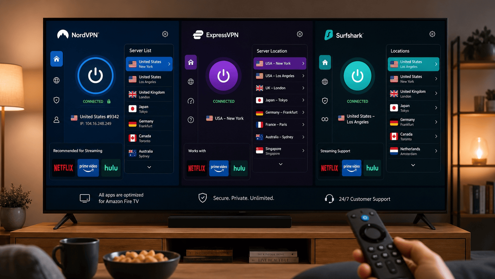 Comparison-style illustration of three Fire TV VPN apps on a television screen, emphasizing remote-friendly interface, server list, and streaming support
